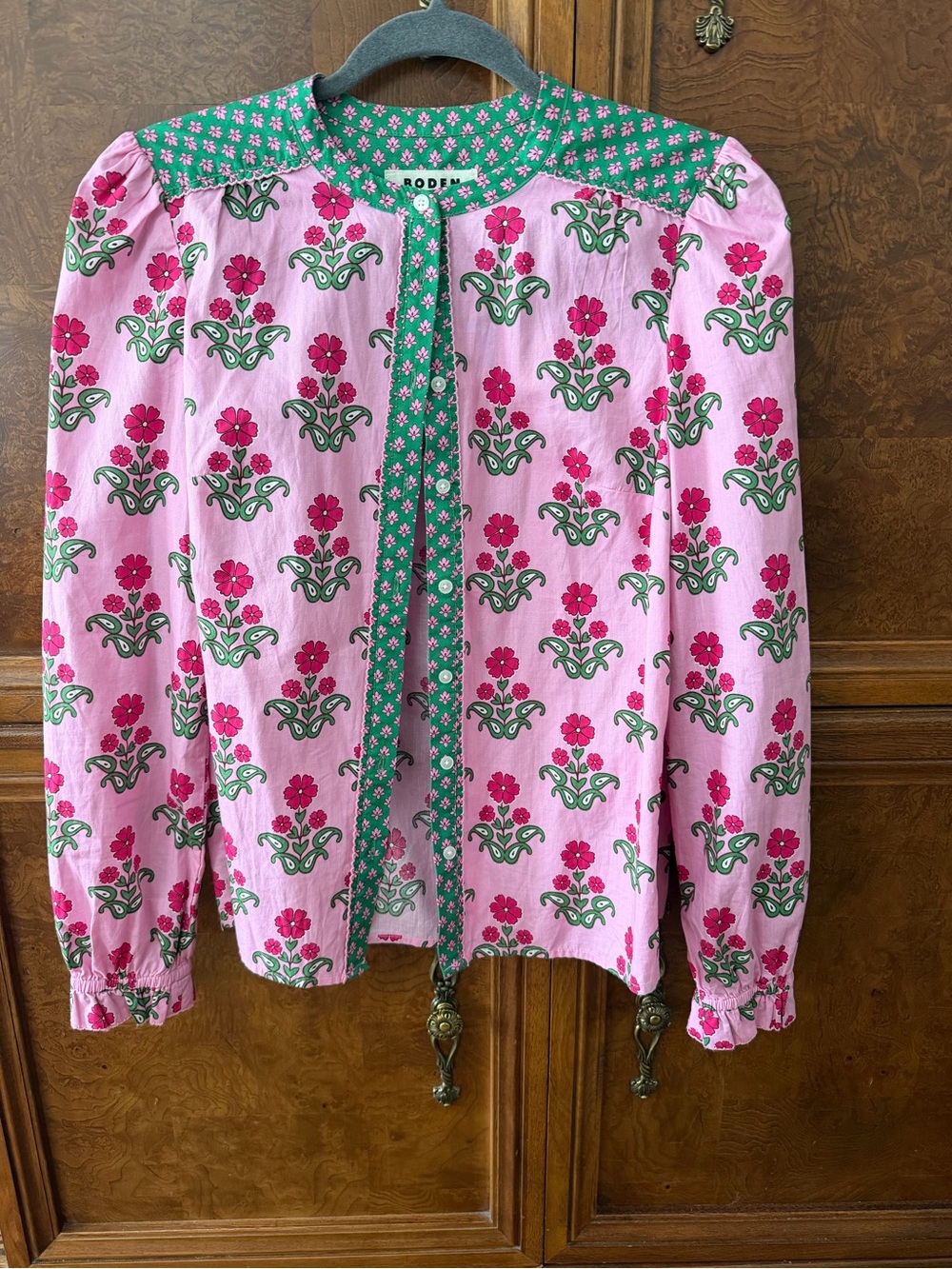 Boden Pink Floral Tie-Neck Blouse with Green Trim